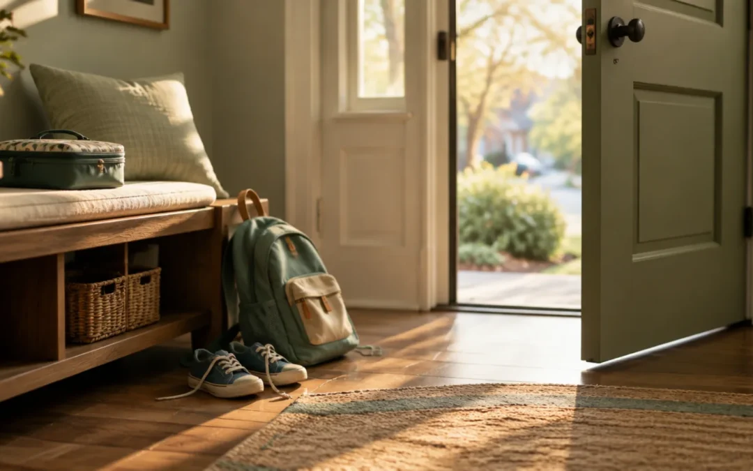 Child's backpack and sneakers by the front door on a school morning, Evolve Therapy Tinley Park
