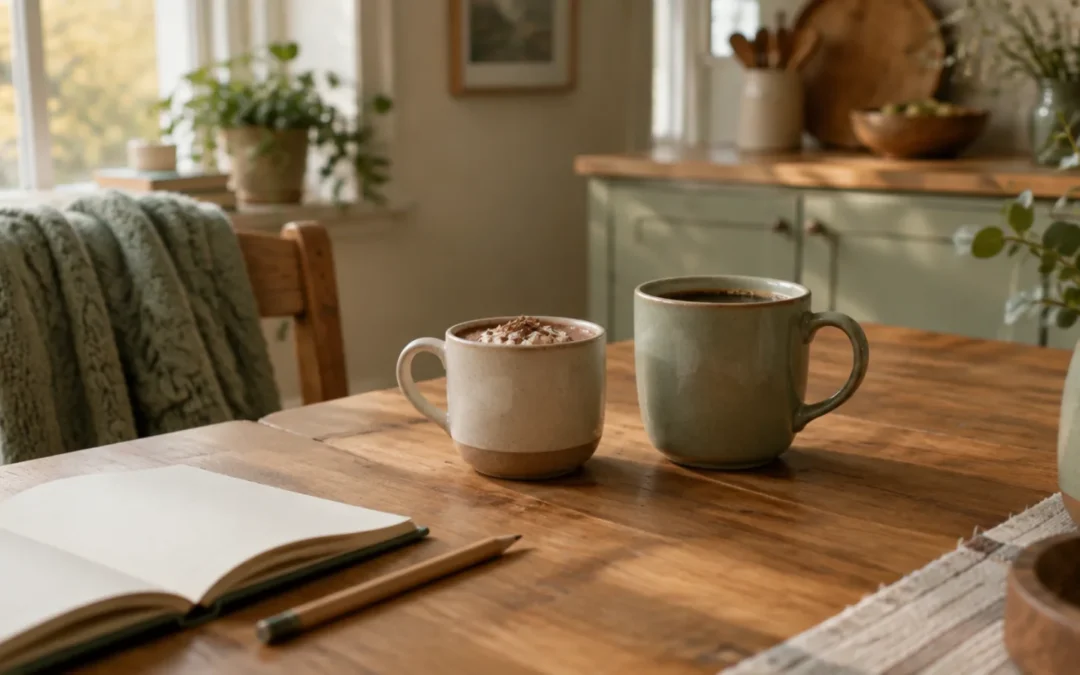 Two mugs on a kitchen table set for a parent and child conversation, Evolve Therapy Tinley Park
